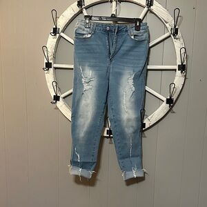 Trendy Light Blue Distressed Cropped Jeans